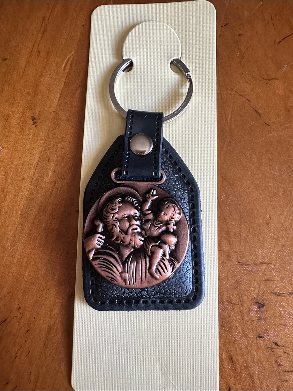 Hand Crafted Black Leather Keychain with Copper Saint Medallion
